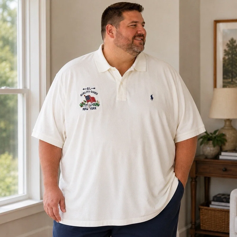 Polo Ralph Lauren 4X Big Tall White Polo Shirt US Flag Crest Embroidery Cotton